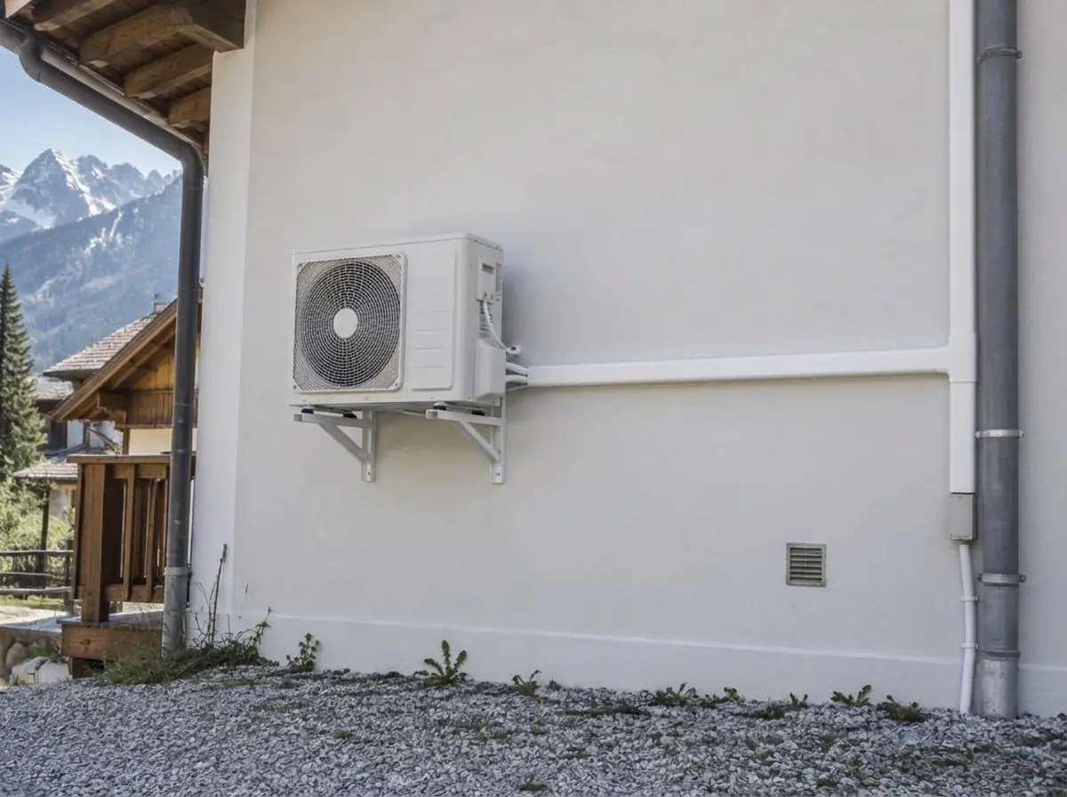 Groupe extérieur multi-split posé sur console, liaisons frigorifiques alignées le long d’une façade ravalée
