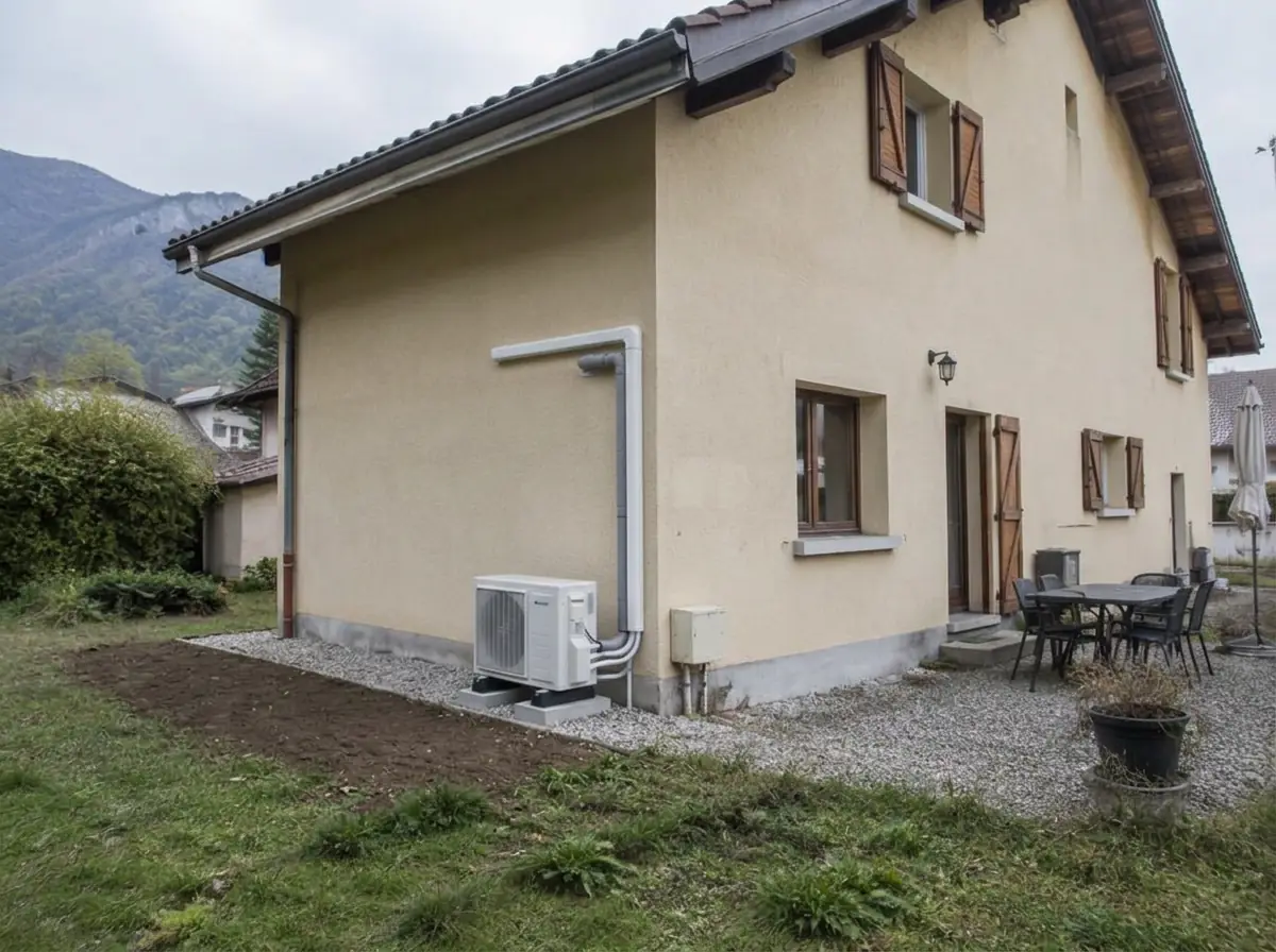 La même façade après travaux : groupe extérieur de pompe à chaleur posé sur un lit de gravier, à l’emplacement de l’ancienne cuve à fioul