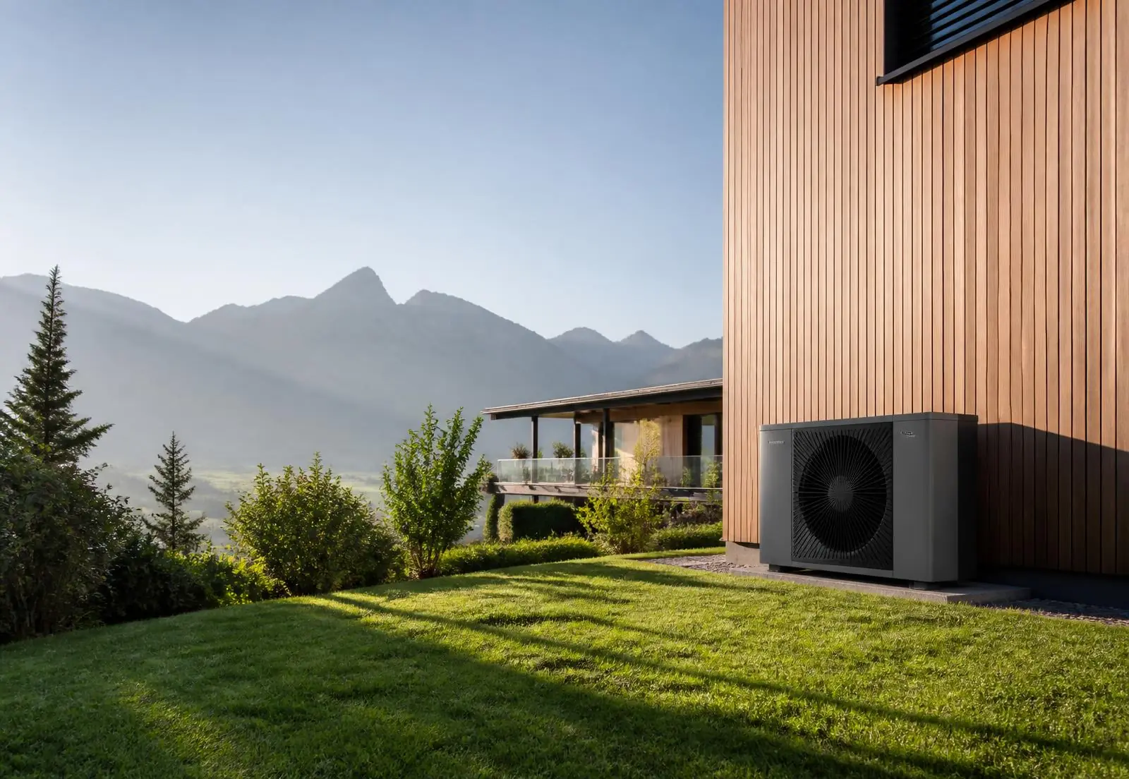 Groupe extérieur d’une pompe à chaleur air/eau installé le long d’une maison